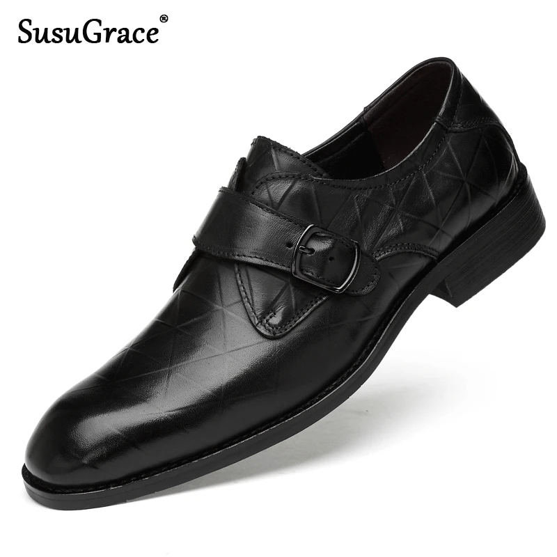 

susuGrace Luxury Men's dress shoes Genuine leather Black business formal shoes pointed toe lace-up Quality Derby shoes plus size
