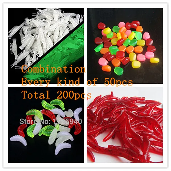 

Free shipping Total 200pcs Each 50pcs set of soft lure bait  combination fishing lures Earthworms shrimp corn bread and worms
