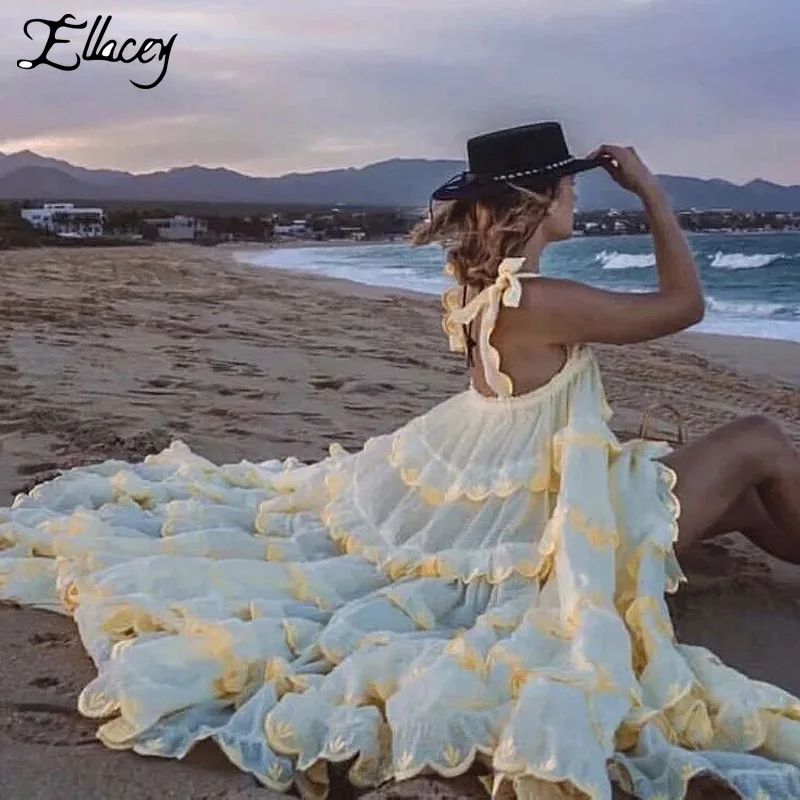 

Ellacey White Summer Dress 2019 Spaghetti Strap Large Dresses Cascading Ruffle Fringed Plus Size Boho Dress Vacation Beach Dress