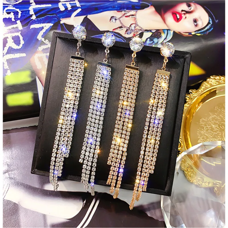 

FYUAN Shiny Full Rhinestone Drop Earrings for Women Big Zircon Long Tassel Crystal Dangle Earring Weddings Fashion Jewelry