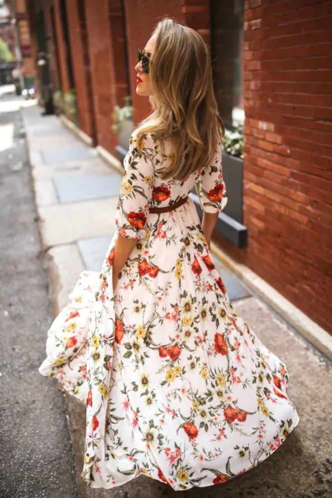 Женские Платья с цветочным принтом, женское богемное платье с расклешенным рукавом и круглым вырезом, летнее весеннее длинное платье макси Vestidos