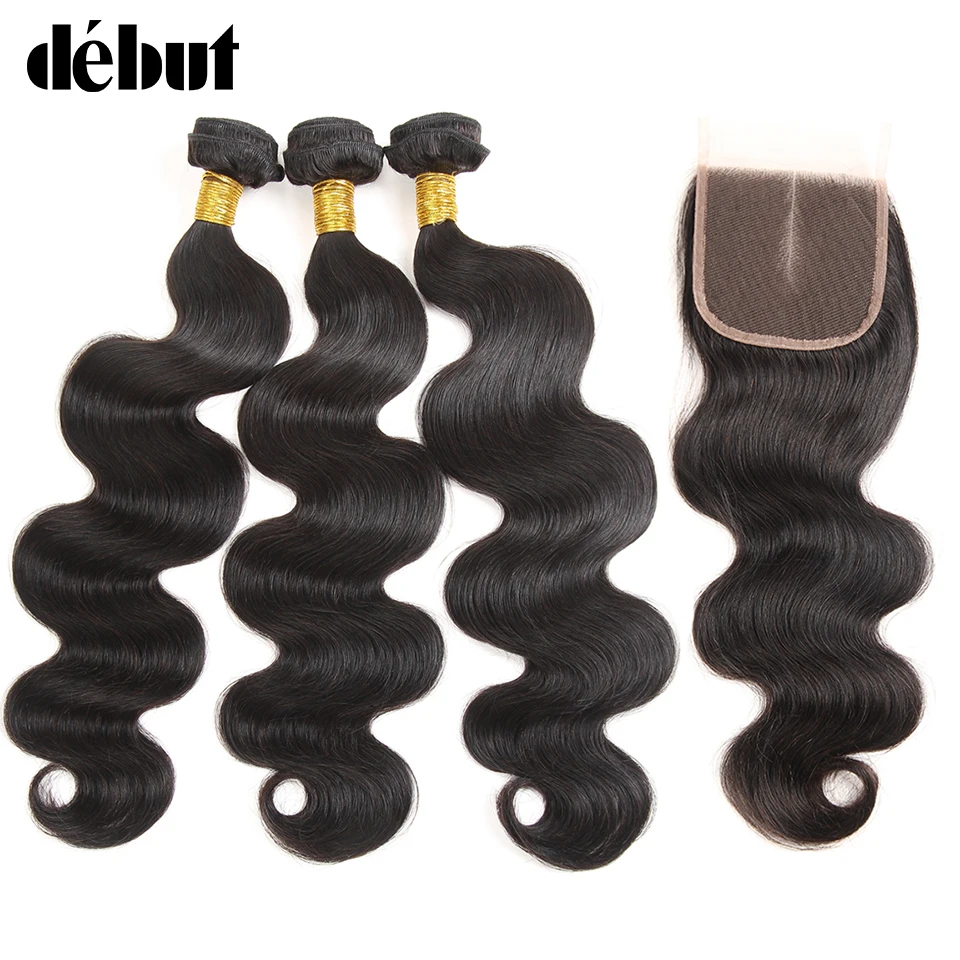 Debut Body Wave Human Hair Bundles With Closure Brazilian Hair Weave 3 Bundles With Lace Closure Non Remy Hair Extension
