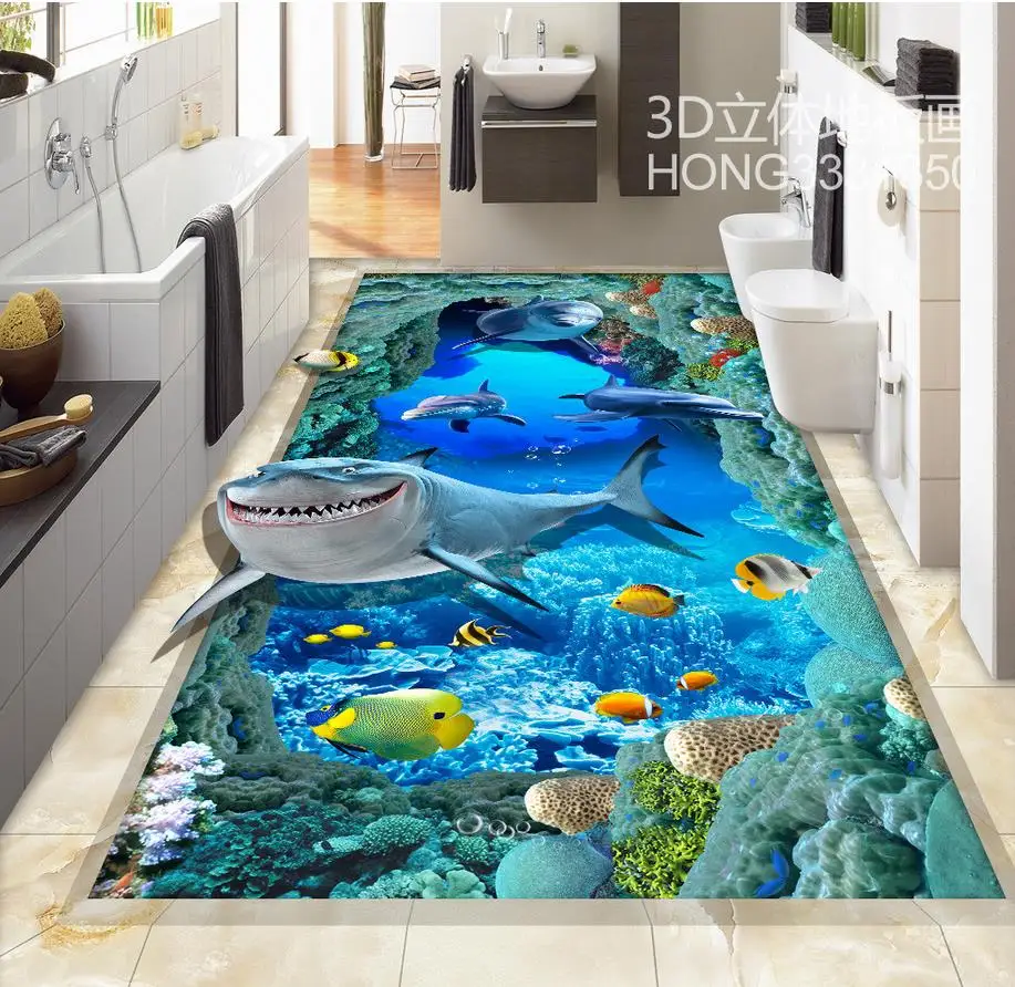3d floor painting wallpaper Sea world shark dolphin floor ...