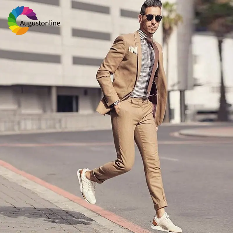 Custom Made Khaki Men Suits for Wedding Men Suits with Pants Smart Casual Best Man Blazers Jacket 2 Pieces Slim Fit Groom Tuxedo stand lapel   men suits for wedding men suits with pants smart casual best man blazers jacket 2 pieces slim fit groom tuxedo