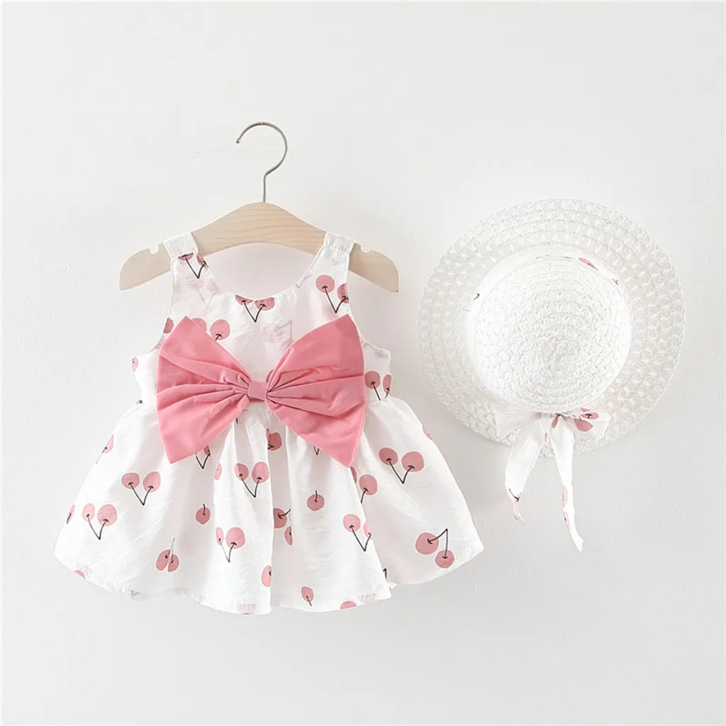 Платье для новорожденных; платье для маленьких девочек; Летние Детские платья для малышей; платья принцессы без рукавов с рисунком вишни; Одежда с бантом и шляпой; vestidos