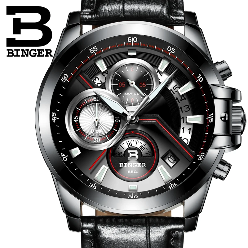 

2016 Men Watches Luxury Top Brand BINGER Sports Chronograph Fashion Male Dress Leather Belt Clock Waterproof Quartz Wrist Watch