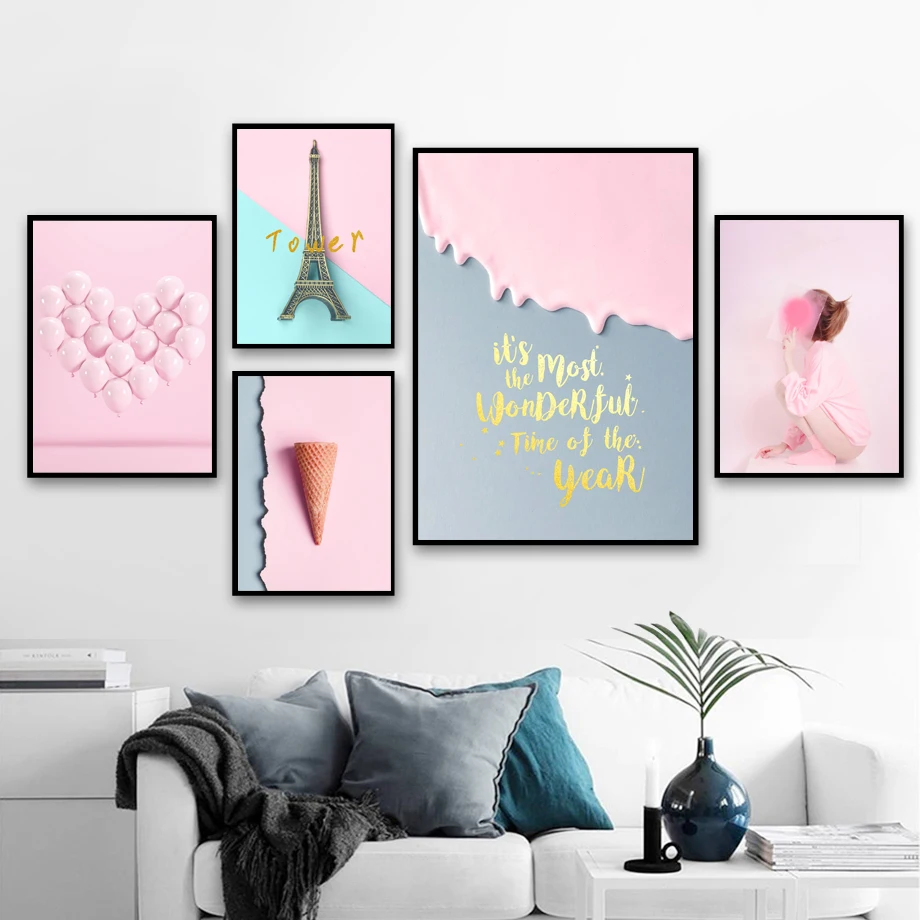 Розовый шар девушка мороженое Париж башня Wall Art Холст Картина Nordic Плакаты и