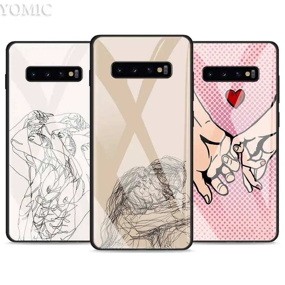 

Tempered Glass Case for Samsung Galaxy S10e S10 S8 S9 Plus Note 9 10 A50 A70 Phone Cover Minimalist line couple hand Luxury Glas
