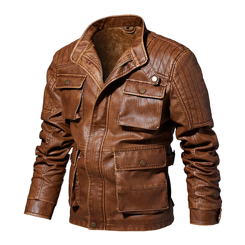 Vente Safari style Faux cuir veste hommes décontractée Slim Fit lavé PU Faux cuir manteau hommes épais Plus moto Bomber vestes