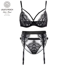 Lala’s peach underwire bra sexy lace thin underwear triangle panty suit & garters intimates lingeries bra+underpant+garters suit