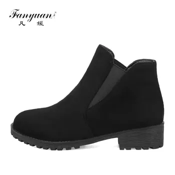

Fanyuan Comfort Winter Platform Chelsea Boots Solid Round Toe Ankle Boots Fashion Pointed Toe Flat Boots Flock Women Shoes