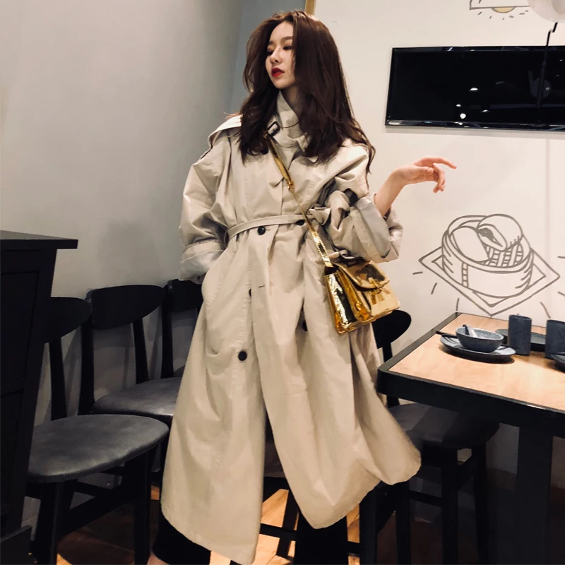 

2018 Autumn New Khaki Women Trench Coat Long Windbreaker Europe America Fashion Trend Double-Breasted Loose Long Trench