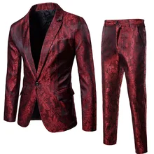 Wine Red Nightclub Paisley Suit (Jacket+Pants) Men 2018 Fashion Single Breasted Mens Suits Stage Party Wedding Tuxedo Blazer 3XL