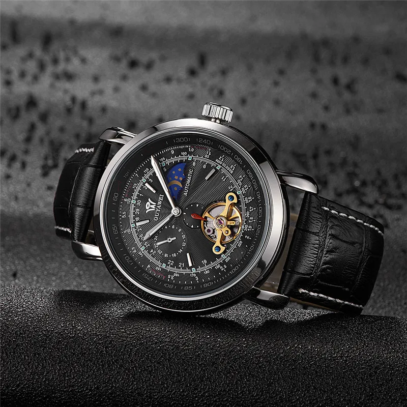 OUYAWEI Tourbillon механические наручные часы люксовый бренд бизнес мужские кожаный