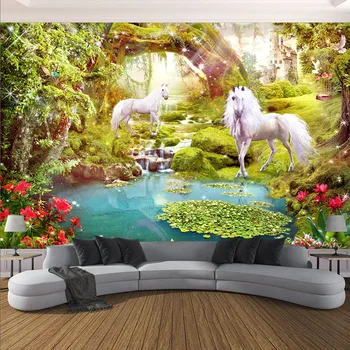 

Custom Any Size Murals Wallpaper 3D White Horse Forest Landscape Photo Wall Cloth Living Room TV Sofa Papel De Parede 3D Sala