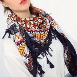 2018 Новый 110*110 см модные дамы большой площади шарф новый Дизайн в богемном стиле печати кисточкой Шарфы для женщин Для женщин Обертывания