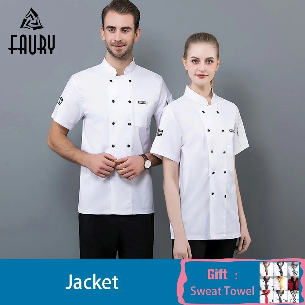 

Chef Jacket Short Sleeve Kitchen Restaurant Shirt Summer Waiter Uniform Food Service Barbershop Work Clothes Free Scarf Gift
