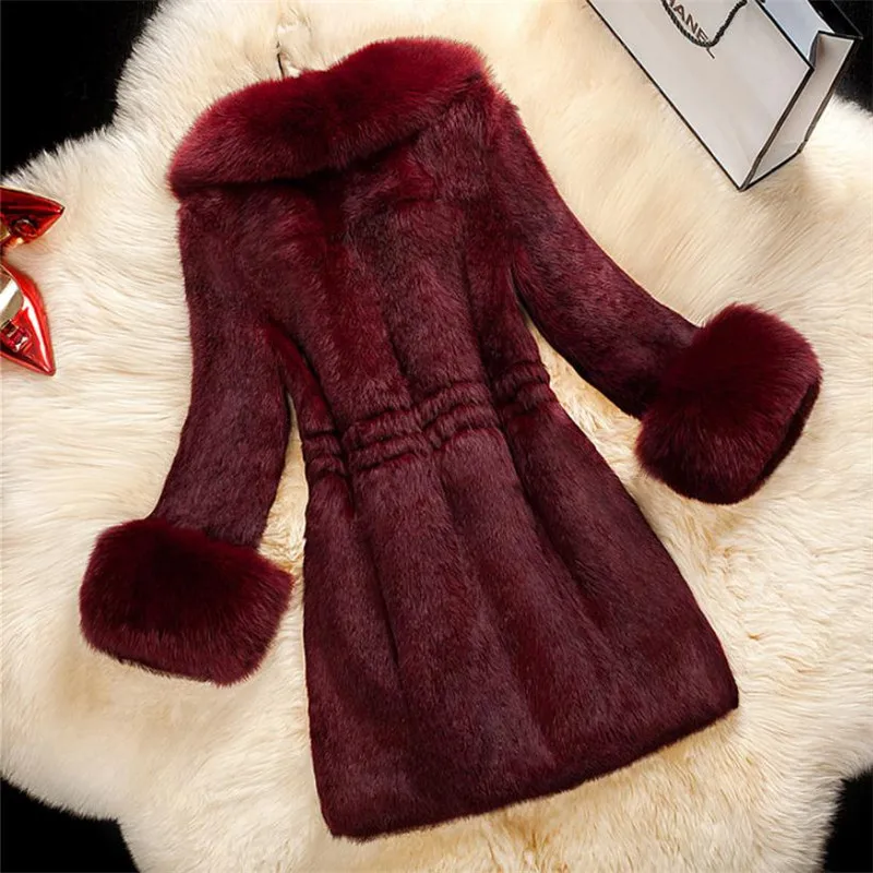Зимнее женское пальто с имитацией кроличьего меха, длинное приталенное пальто с воротником из искусственного лисьего меха, Европейская и американская Рождественская мода, теплая, 6XL