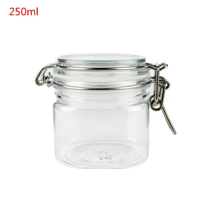 250ML Plastic Square Clip Top Storage Jar With Airtight Seal Lid Kitchen Food Container Tableware Preserving Cosmetic Cream Orga