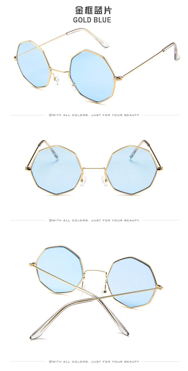 Модные женские прозрачные мужские очки, винтажные очки, Ретро стиль, роскошные брендовые дизайнерские квадратные маленькие шестигранные женские солнцезащитные очки - Цвет оправы: Gold Blue