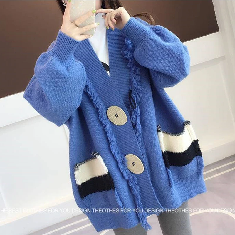 

Large size s-3xl Sweater female 2019spring autumn women new Korean version loose color matching sweater Big buckle cardigan coat