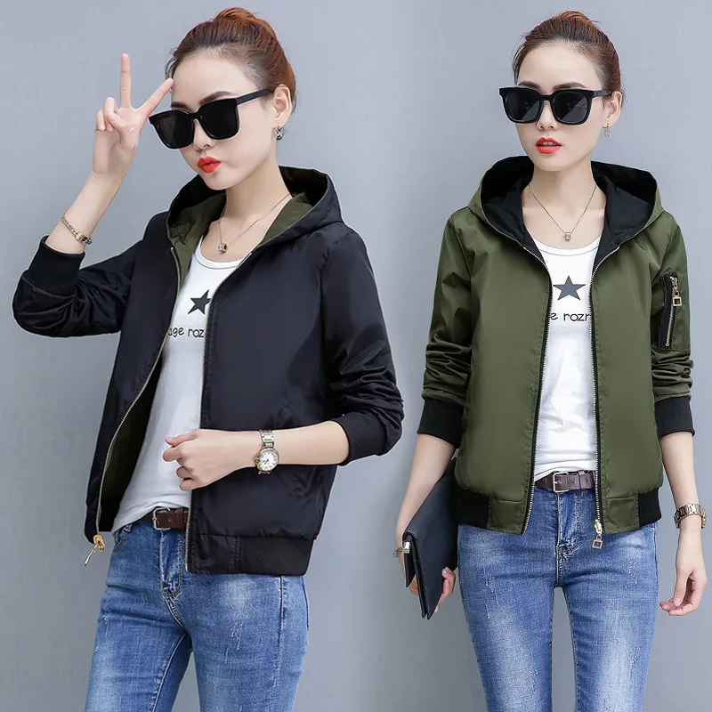 

Spring Autumn Women Hooded Windbreak Jacket Fashion Zipper Basic Bomber Jacket Long Sleeve Both Sides Can Wear Coat Outerwear