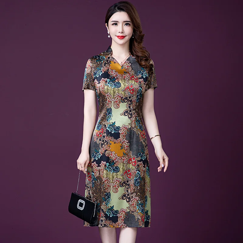 5XL Plus Size Dresses Women Imitate Real Silk Dress Fashion Mother Summer Print Party Vestidos Elegant High Quality W985 | Женская