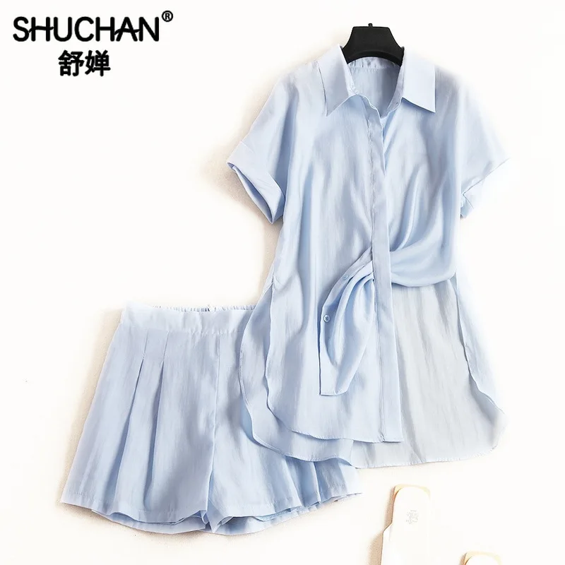 

Shuchan Sky Blue 2 Piece Shorts Set Women Matching Sets for Women Single Breasted Asymmetry Blouse+shorts Suit 51673