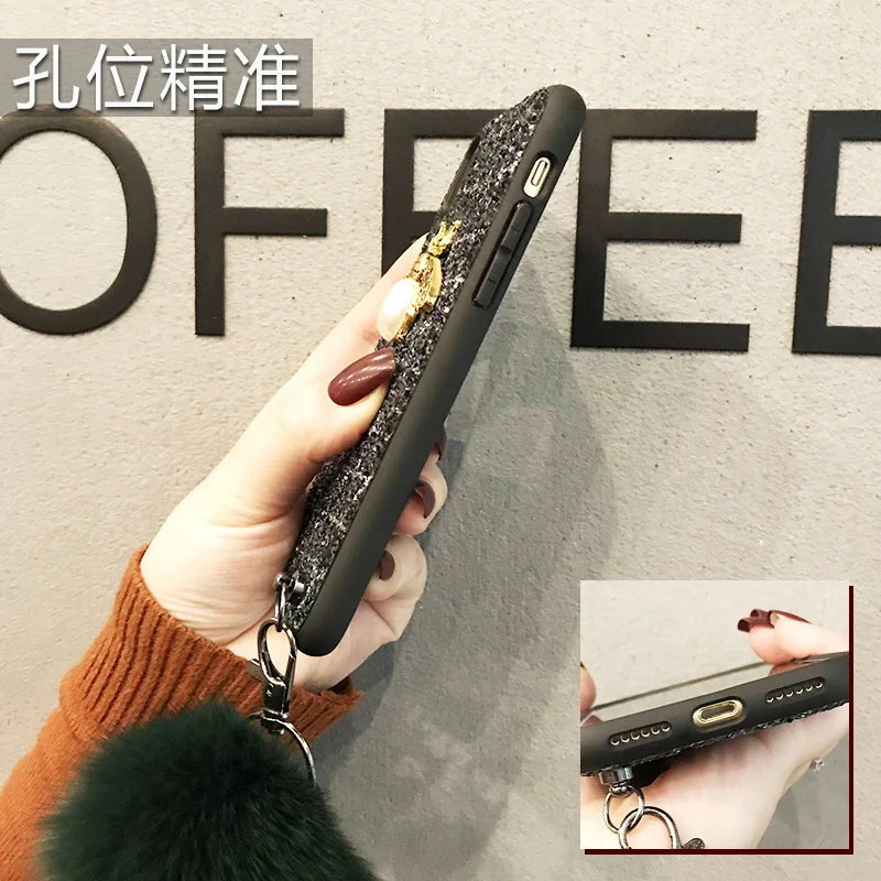 Aoweziic Mobile phone shell fox fur ball For iphone X XS MAX XR female lanyard 6S tide brand 7P 8Plus Glitter diamond Milu deer