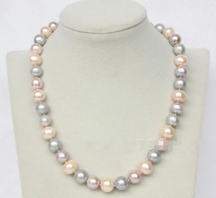 

Free shipping hot sale Women Bridal Wedding Jewelry >>Genuine! 12mm near round pink purple gray pearls necklace E2275