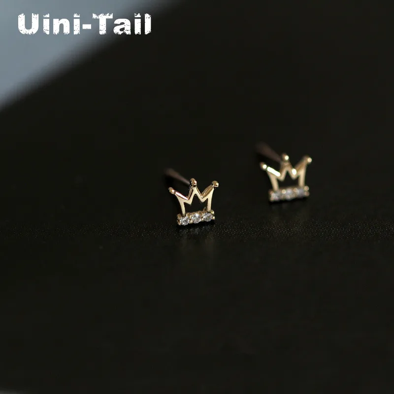Uini-Tail 2019 new listing 925 sterling silver cute delicate gold small crown micro-set earrings fashion sweet and niche design - Image 2