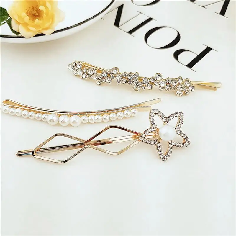 3 pcs/Set Hair Clip Alloy Pearl Flower Decorative Diamond Barrettes for Women