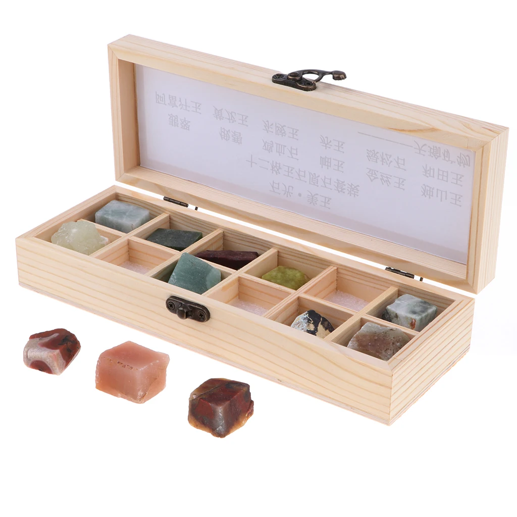 12pcs/ Box Educational Geology Science Kit - Rock and Mineral Collection Gemstones Jadeite Jade Specimens in Display Wooden Case