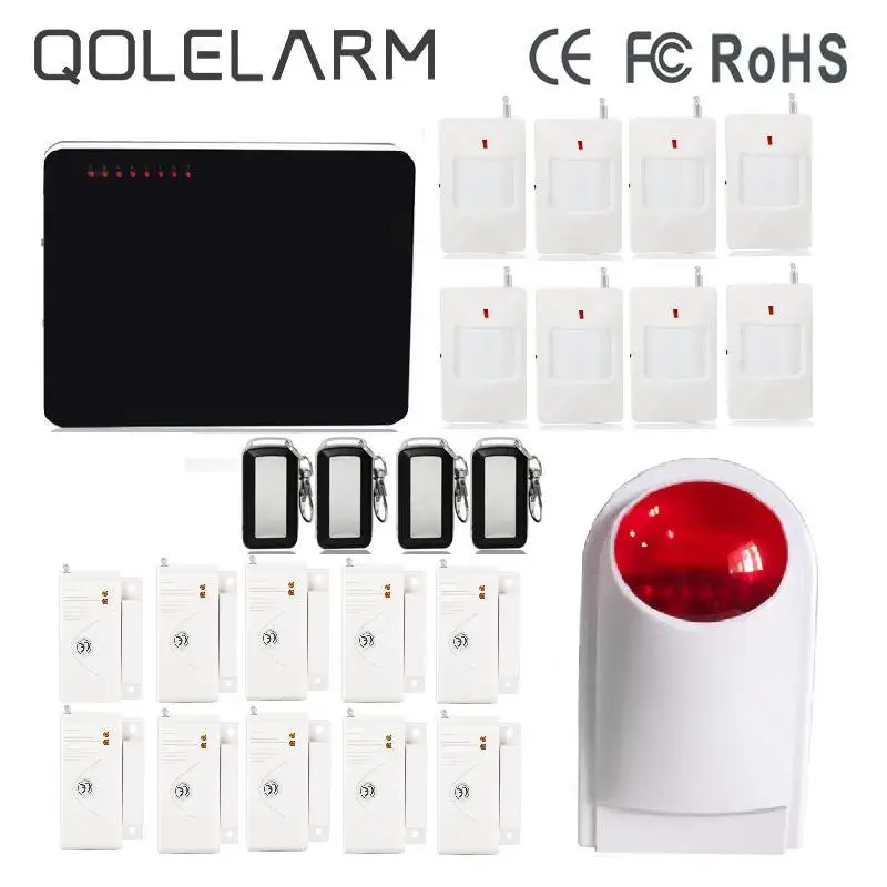 QOLELARM Spanish wireless home alarm system gsm wired siren 6 wireless zones phone remote control with PIR sensor wireless siren