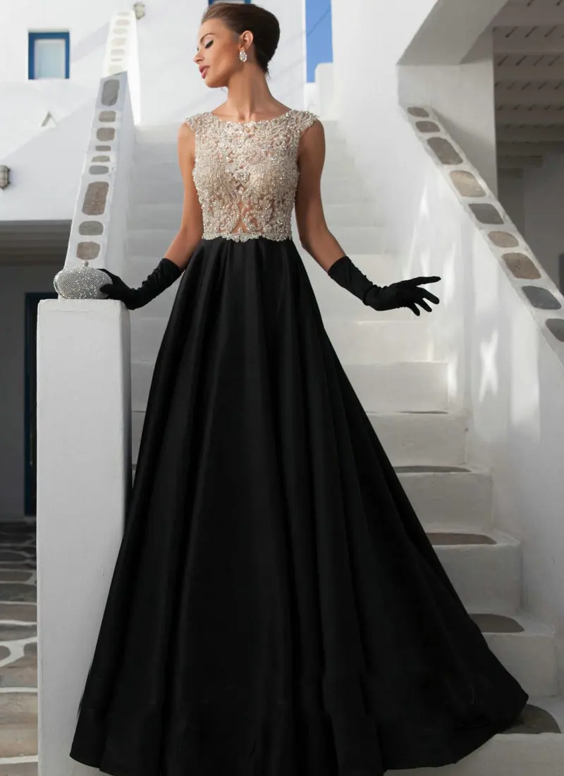 92644 A line Sleeveless Satin Long Black Evening Dress
