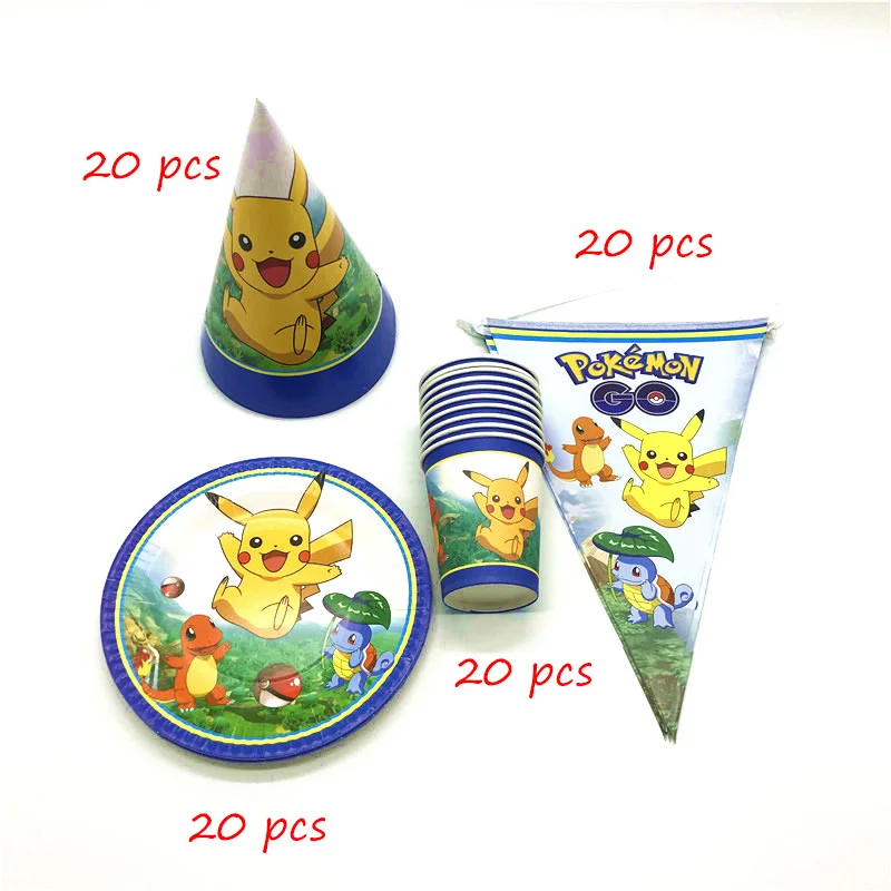 BeiPanQiMao-80pcs Pokemon Go тема 80 шт./партия одноразовые товары для украшения дня рождения бумажные чашки тарелка флаг попкорн коробка/Солома/шляпа поставка - Цвет: BeiPanQiMao-80pcs