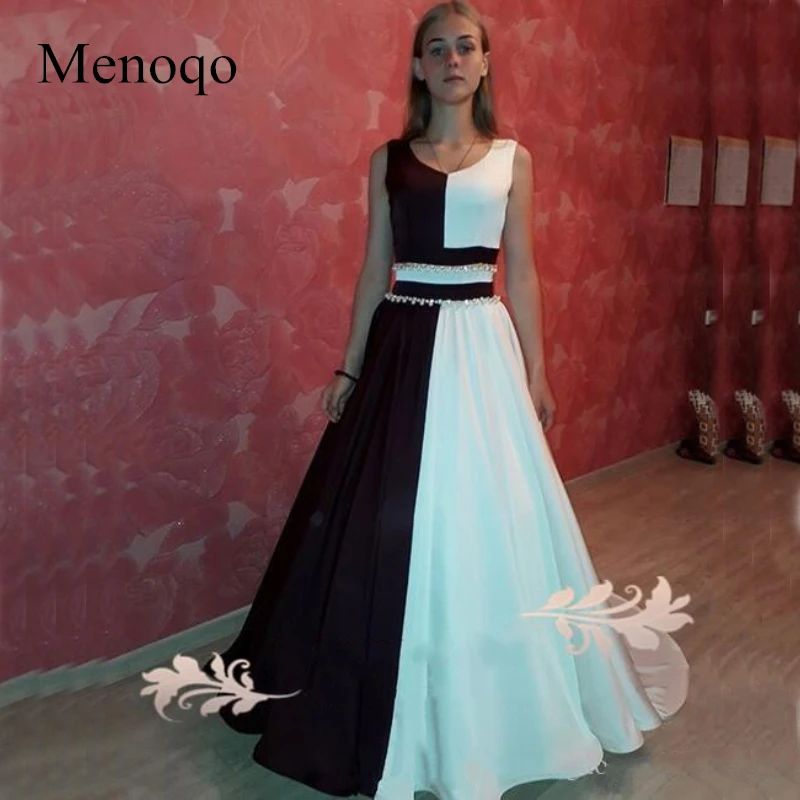 2019 A Line Prom Dresses with crystal beaded sash jewel neck chic Evening Dress black and white stain Party Gowns cheap custom made (1)_