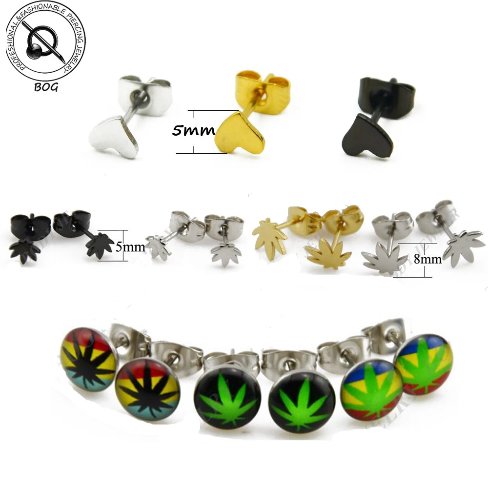 

BOG-316L Surgical Stainless Steel Maple Leaf Heart Shape Earrings Ear Stud Black Gold Silver Cartilagge Helix Tragus Piercing
