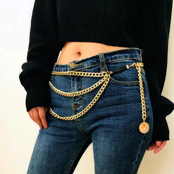 

Retro Streetwear Sexy Hip High Waist Gold Narrow Metal Chain Chunky Simple Multi-layer Cartoon Waist Chain Female