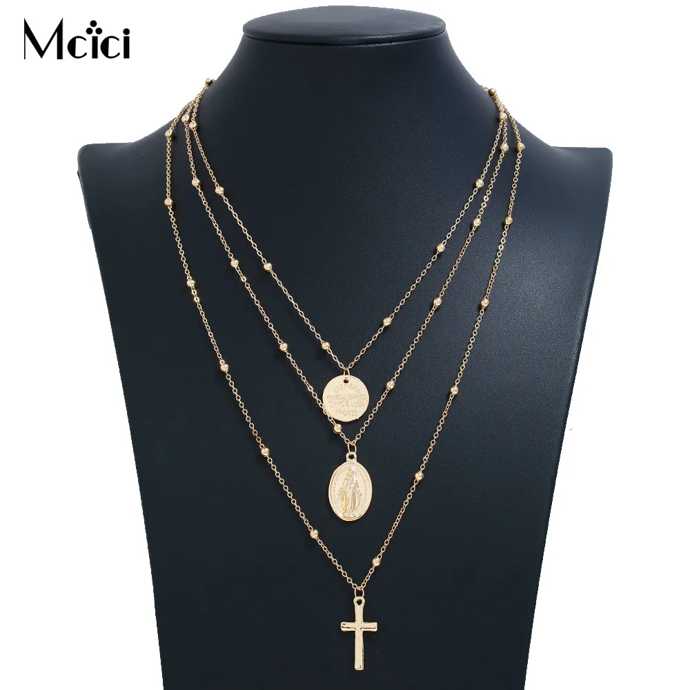 

Cross Multi- layer Necklace For Female Bohemian Chain Necklace Gold Color Gift For Women Fashion Necklace Round Coin Jewelry
