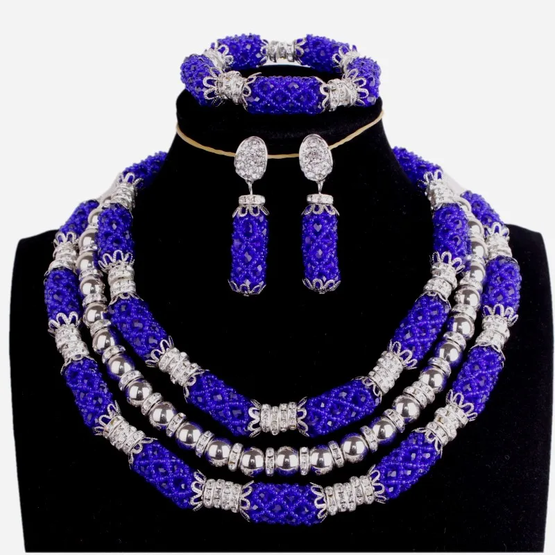 Nigerian Jewellery Sets For Women Silver & Royal Blue Party Earrings