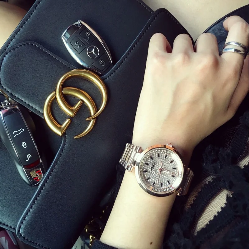 Мода 38 мм со стразами черный циферблат женские часы личность Wild Rose Gold Сталь ремешок Кварцевые Для женщин часы подарок для Для женщин