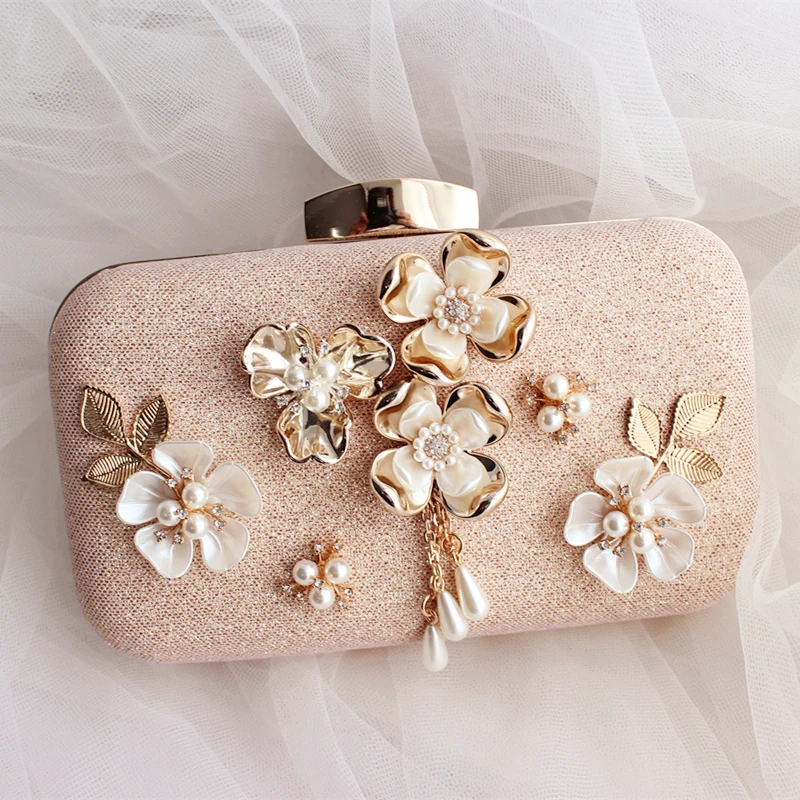 

Ladies Handbags Evening Party Bride's Flower Clutch Light Gold Sequins Hard Box Dinner Pearl Tassel Higher Quality Hot Sale Bag