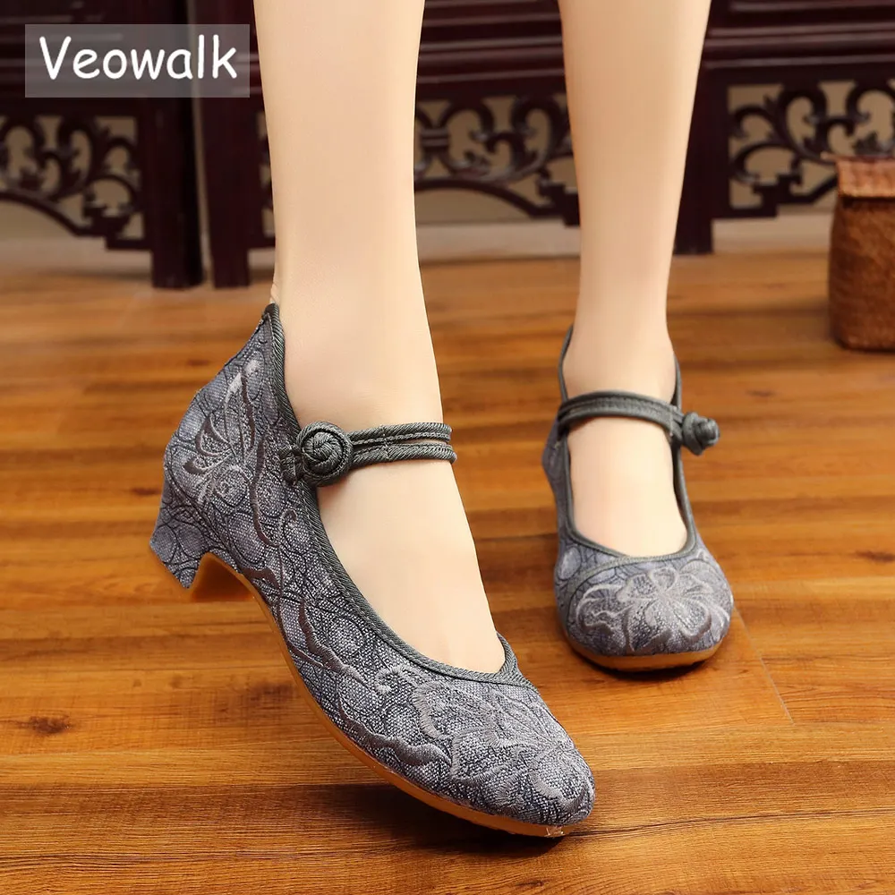 Женские парусиновые туфли лодочки Veowalk с цветочной вышивкой на низком блочном
