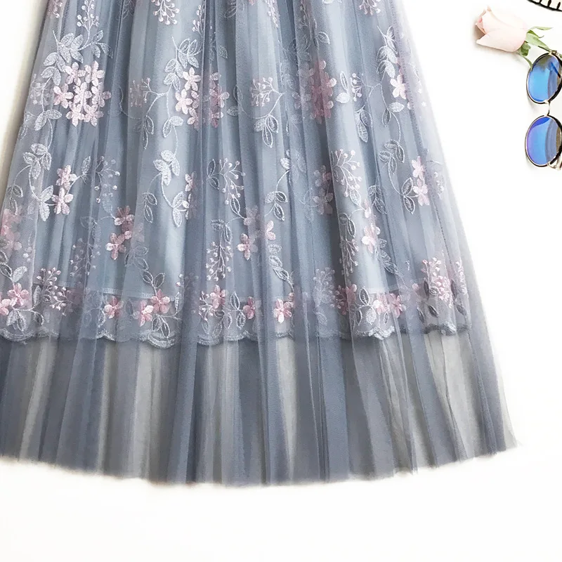 Long Mesh Skirt Pleated 2019 New Summer Sweet Fairy A-Line Skirts Floral Embroidery Tulle Midi Skirt Saias Faldas Jupe Femme Long Mesh Skirt Pleated 2019 New Summer Sweet Fairy A-Line Skirts Floral Embroidery Tulle Midi Skirt Saias Faldas Jupe Femme