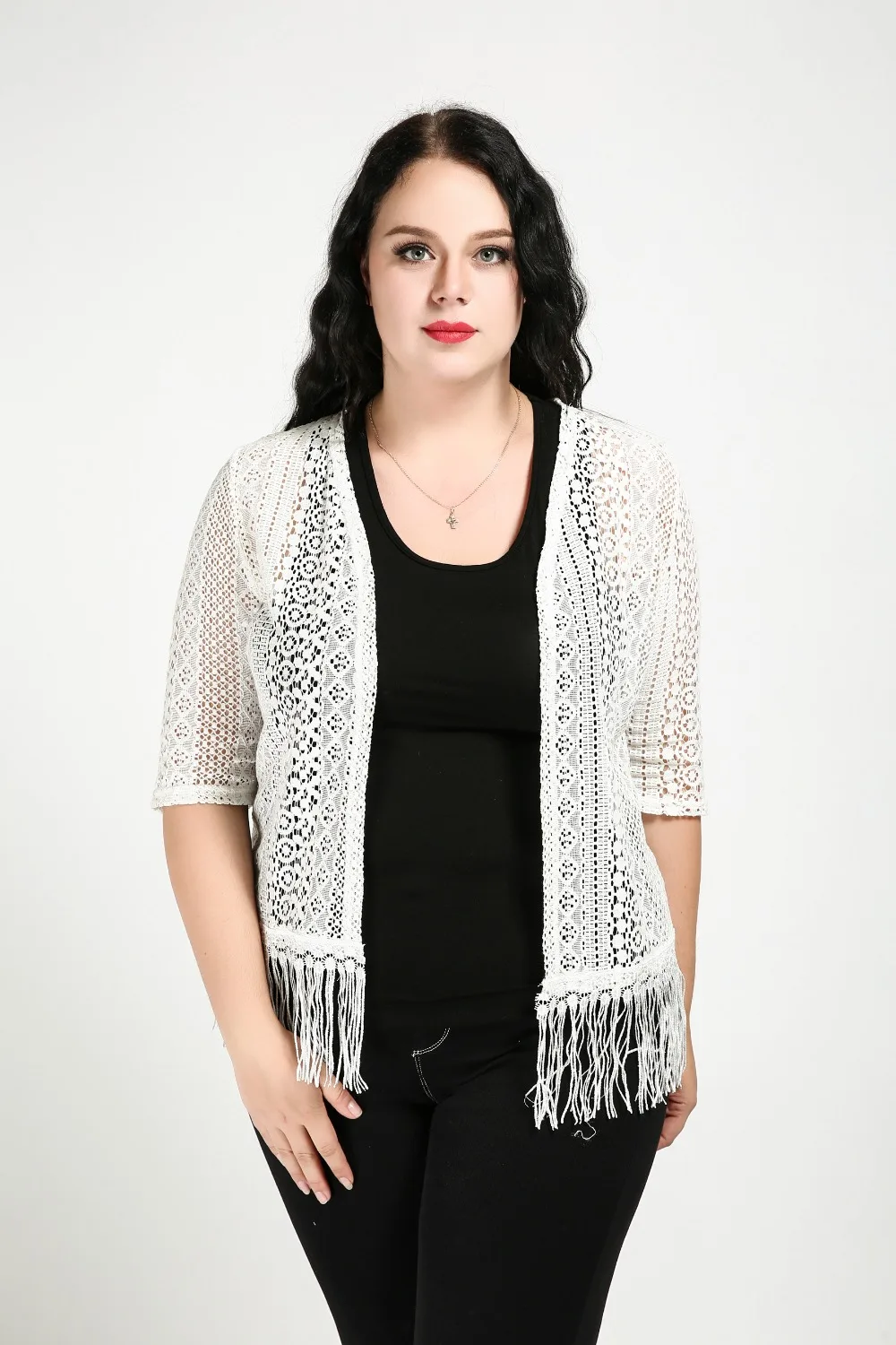 Women's Sexy Plus Size Lace Coats White Open Stitch Jacket Half Sleeve