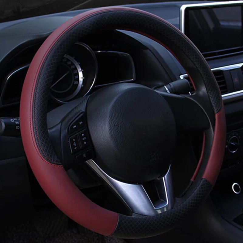 Чехол рулевого колеса автомобиля черный и красный Противоскользящий протектор из искусственной кожи универсальный 38 см - Название цвета: Wine Red
