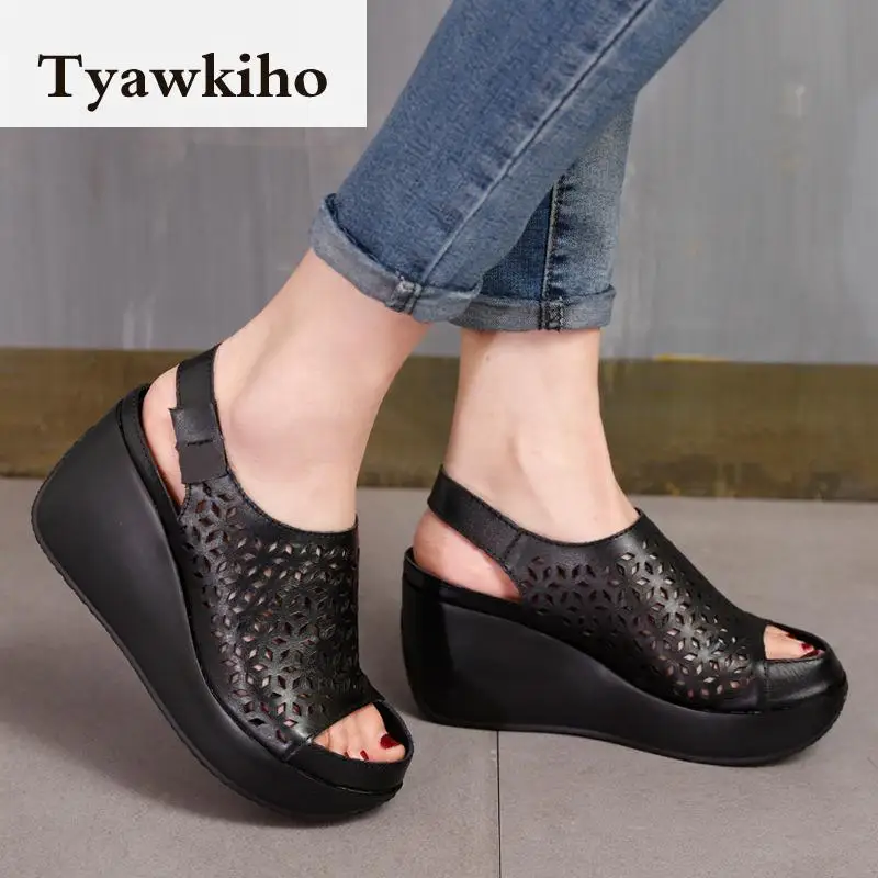 Tyawkiho Genuine Leather Sandals Women Summer Shoes Retro Hollow Out 7 CM High Heels Wedge Set Foot Women Leather Sandals 2018 Tyawkiho Genuine Leather Sandals Women Summer Shoes Retro Hollow Out 7 CM High Heels Wedge Set Foot Women Leather Sandals 2018