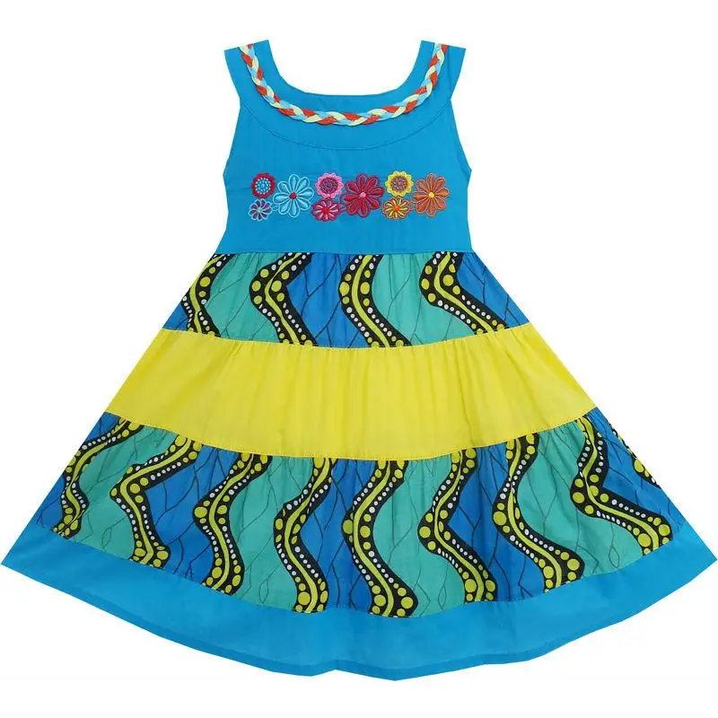 Sunny Fashion платья для девочек Маленькие девочки Цветные блоки Вышивка Цветок Синий