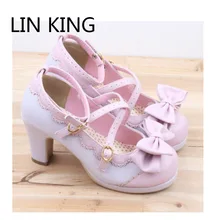 LIN KING New Spring Lolita Girl Candy Color Comfortable Shoes Bowtie Cross Straps Waterproof High-heel Cosplay Women Shoes